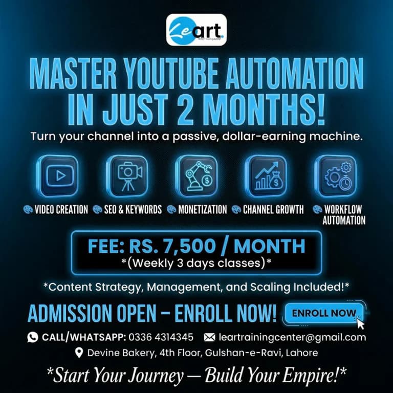 YouTube Automation Build a Passive Income Stream in Lahore Master YouTube Automation in 60 days. Skip the fluff and build a cash-cow channel with real-world case studies. Join onsite in Lahore or on