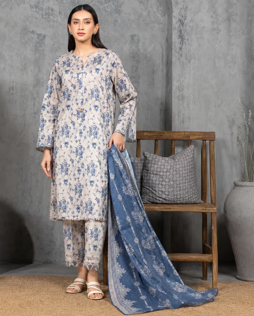 Sapphire Digital Printed Lawn 3 Piece Suit for Women – Blue Floral Lawn Shirt, Trouser & Dupatta | Summer Collection