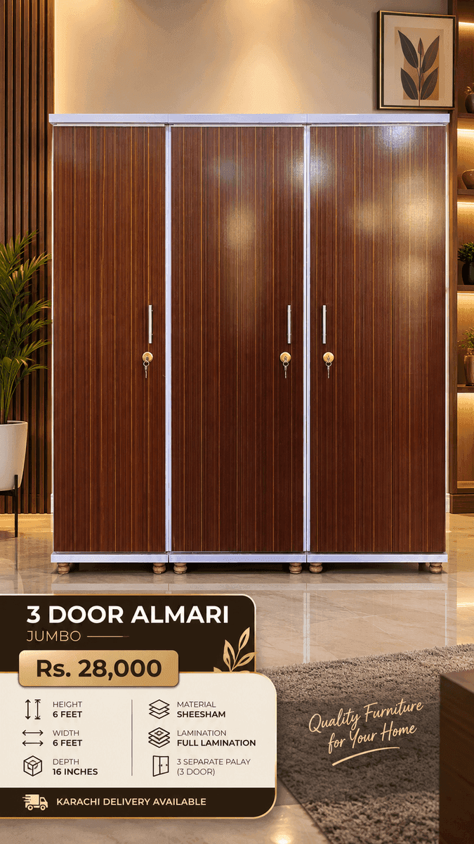 ✨ Jumbo 3 Door Laal Dhari Almari | 6x6 Feet